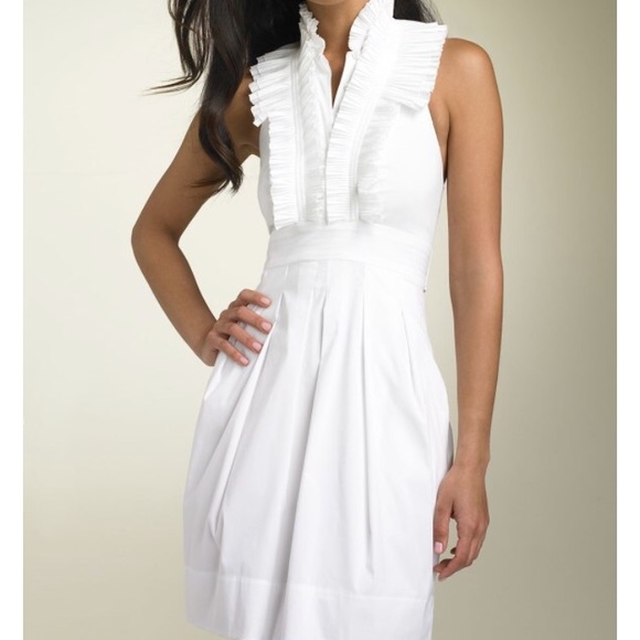bcbg asymmetrical ruffle halter dress